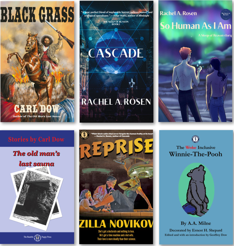Image showing covers of Black Grass, Cascade, So Human As I Am, The Old Man 's Last Sauna, Reprise, and The Inclusive Winnie-the-Pooh