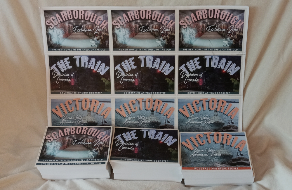 Image shows photo of postcards labelled Scarborough, The Train, and Victoria